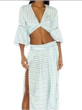 #160 Agua Bandita Striped Mint Green Wrap Maxi Skirt and top set